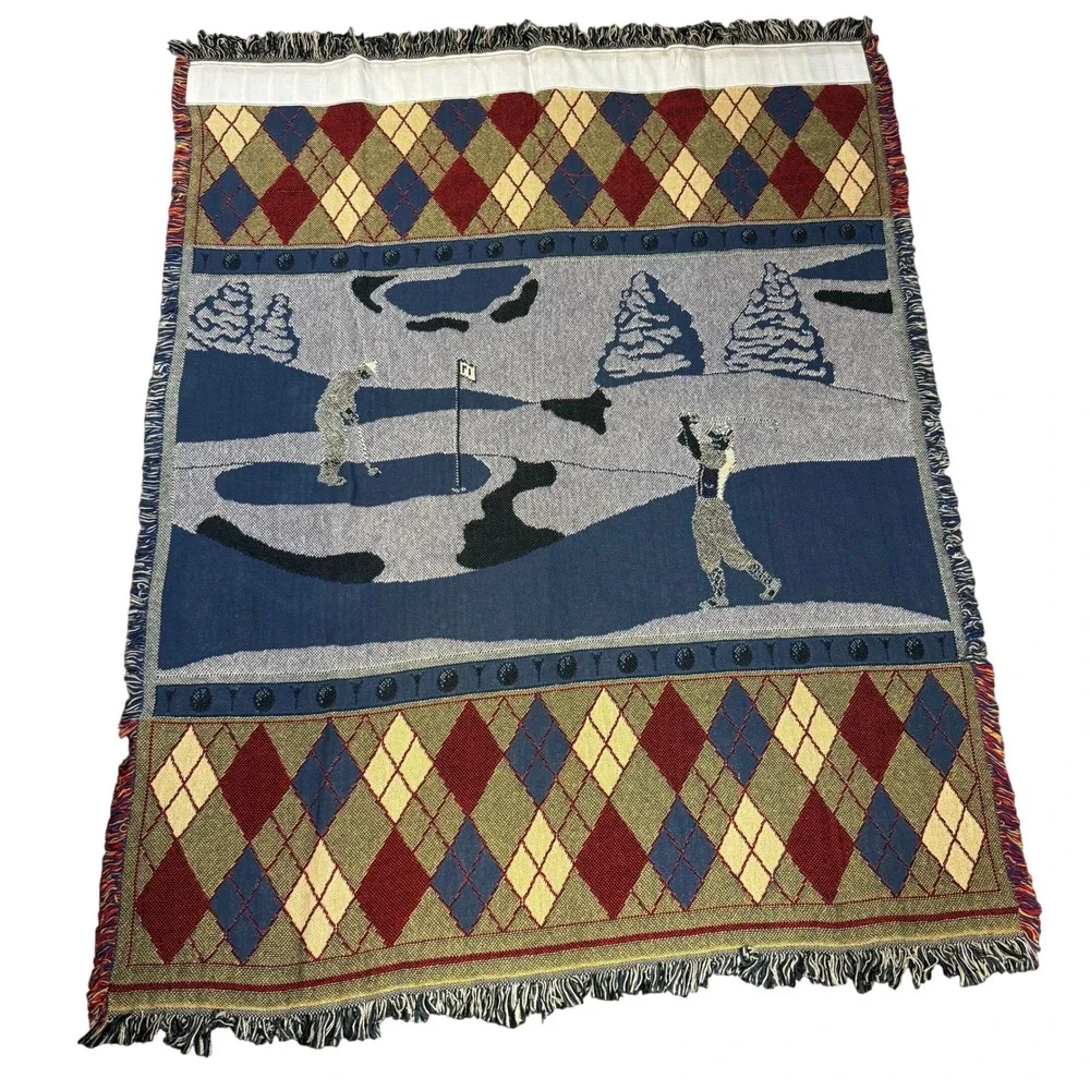 Vintage Golf Woven Tapestry Throw Blanket Argyle Fringe Man Cave Wall‎ Hanging